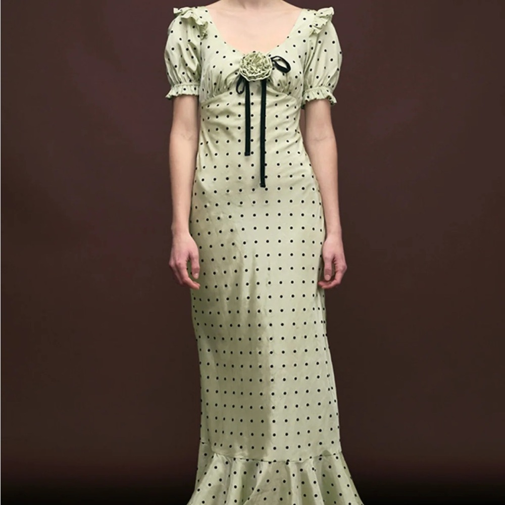 Maude Georgina Dress- Polka Dot Ruffle - Light Olive/Black
